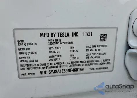 2022 Tesla Model S z USA, uszkodzony, nr VIN 5YJSA1E69NF460159